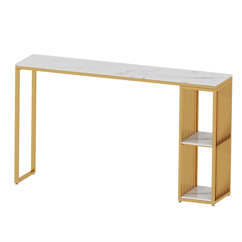 Marble Bistro Bar Desk with Rectangle Table Top Double Pedestal Table - 41.3" H White-Gold Without Chairs Clearhalo 'Bar Furniture' 'Bar Tables' 'bar_tables' 'furn' 'furn_bar_tables' 'Furniture' 'furniture_bar_tables' 'Kitchen & Dining Furniture' 4598346