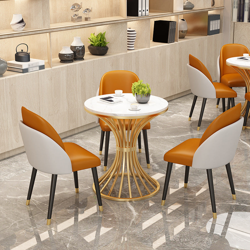 Glam Style 1/2/3/4/5 Pieces Gold Base Dining Set Stone Top Kitchen Set for Dining Room 4 Pieces: White Table, 3 Orange Chairs Clearhalo 'Dining Room Sets' 'Dining Tables & Seating' 'dining_room_set' 'furn' 'furn_dining_room_set' 'Furniture' 'furniture_dining_room_set' 'Kitchen & Dining Furniture' 'kitchen&dining_furn' 'kitchen' 4599456