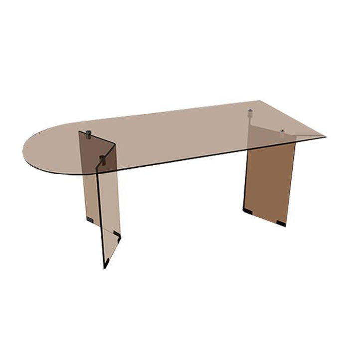 Free Form Tempered Glass Table for Restaurant Modern Table with Double Pedestal Tan 70.9"L x 31.5"W x 29.5"H Without Chairs Clearhalo ' dining_table' 'Dining Tables & Seating' 'Dining Tables' 'furn' 'furn_dining_table' 'Furniture' 'furniture_dining_table' 'Kitchen & Dining Furniture' 'kitchen&dining_furn' 'kitchen' 'kitchen_dining_table' 4599810