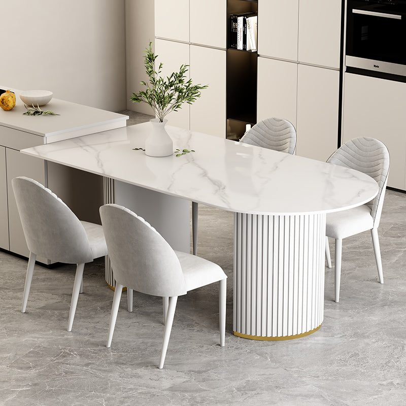Free Form Sintered Stone Dining Table Luxury Table with Double Pedestal White 63"L x 31.5"W x 29.5"H Without Chairs Clearhalo ' dining_table' 'Dining Tables & Seating' 'Dining Tables' 'furn' 'furn_dining_table' 'Furniture' 'furniture_dining_table' 'Kitchen & Dining Furniture' 'kitchen&dining_furn' 'kitchen' 'kitchen_dining_table' 4599935