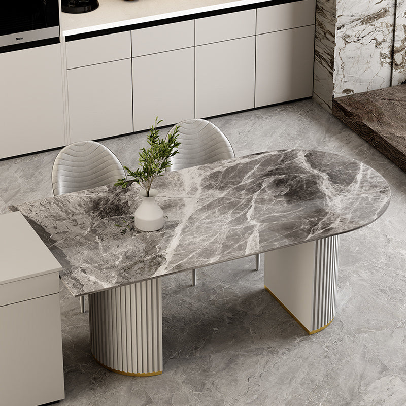 Free Form Sintered Stone Dining Table Luxury Table with Double Pedestal Gray 70.9"L x 31.5"W x 29.5"H Without Chairs Clearhalo ' dining_table' 'Dining Tables & Seating' 'Dining Tables' 'furn' 'furn_dining_table' 'Furniture' 'furniture_dining_table' 'Kitchen & Dining Furniture' 'kitchen&dining_furn' 'kitchen' 'kitchen_dining_table' 4599937