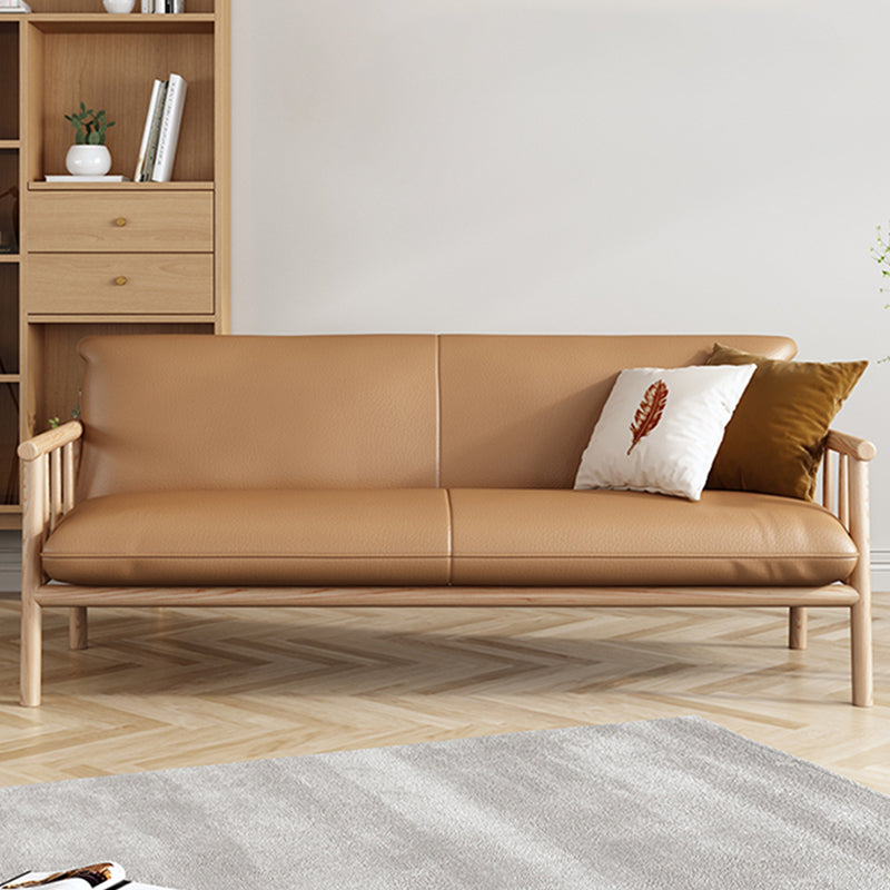 Faux Leather Modern Sofa Square Arm 29 "W Tight Back Sofa for living room 65"L x 29.5"W x 31.5"H Brown Wood Clearhalo 'furn' 'furn_sofas' 'Furniture' 'furniture_sofas' 'kitchen' 'kitchen_sofas' 'Living Room Furniture' 'Sofa' 'sofas' 4607935