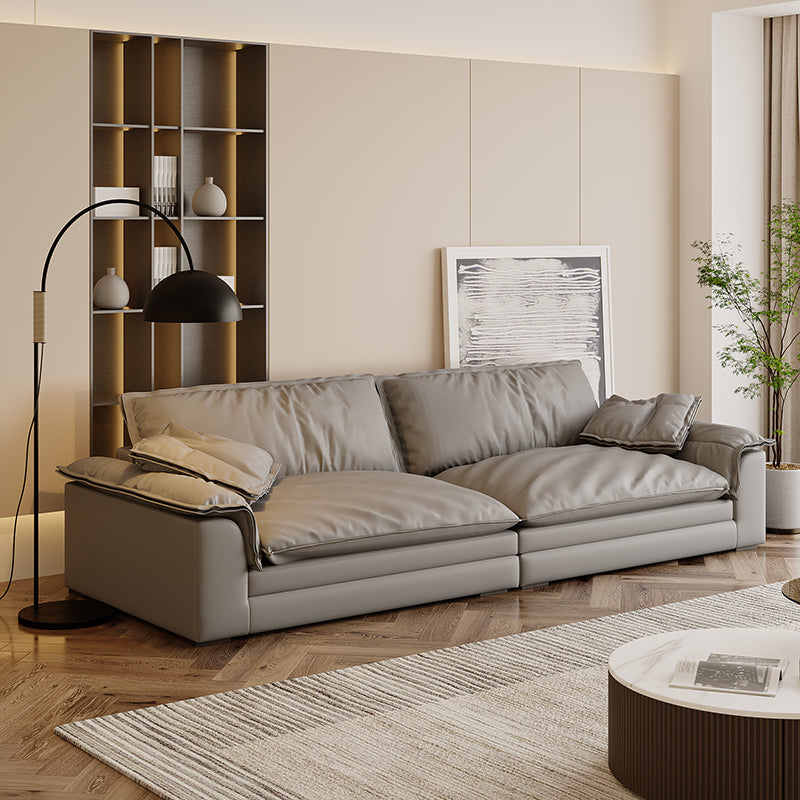 Grey Contemporary Faux Leather Pillow Top Arm Sofa with Loose Back for Living Room 102''L x47"W x 26"H Clearhalo 'furn' 'furn_sofas' 'Furniture' 'furniture_sofas' 'kitchen' 'kitchen_sofas' 'Living Room Furniture' 'Sofa' 'sofas' 4607950