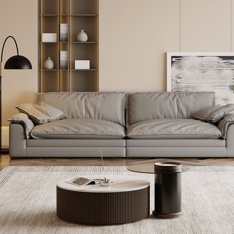 Grey Contemporary Faux Leather Pillow Top Arm Sofa with Loose Back for Living Room 110''L x47"W x 26"H Clearhalo 'furn' 'furn_sofas' 'Furniture' 'furniture_sofas' 'kitchen' 'kitchen_sofas' 'Living Room Furniture' 'Sofa' 'sofas' 4607959
