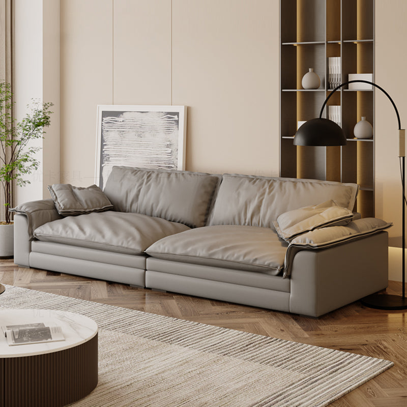 Grey Contemporary Faux Leather Pillow Top Arm Sofa with Loose Back for Living Room 118''L x47"W x 26"H Clearhalo 'furn' 'furn_sofas' 'Furniture' 'furniture_sofas' 'kitchen' 'kitchen_sofas' 'Living Room Furniture' 'Sofa' 'sofas' 4607960