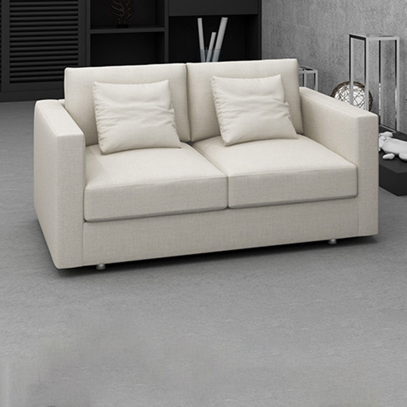 White Slipcovered Fabric Settee Recessed Arm Sofa with Pillows 67"L x 37.5"W x 25.5"H Clearhalo 'furn' 'furn_sofas' 'Furniture' 'furniture_sofas' 'kitchen' 'kitchen_sofas' 'Living Room Furniture' 'Sofa' 'sofas' 4607972