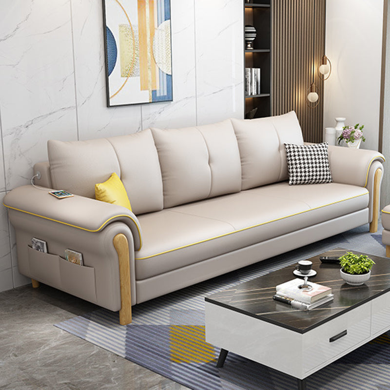 Leather Sofa with Bolster Pillows Single Cushion Seat Square Arm Sofa for Living Room Off-White Clearhalo 'furn' 'furn_sofas' 'Furniture' 'furniture_sofas' 'kitchen' 'kitchen_sofas' 'Living Room Furniture' 'Sofa' 'sofas' 4608062