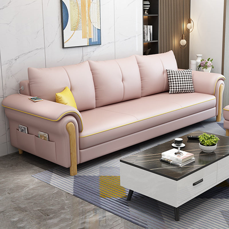 Leather Sofa with Bolster Pillows Single Cushion Seat Square Arm Sofa for Living Room Pink Clearhalo 'furn' 'furn_sofas' 'Furniture' 'furniture_sofas' 'kitchen' 'kitchen_sofas' 'Living Room Furniture' 'Sofa' 'sofas' 4608065