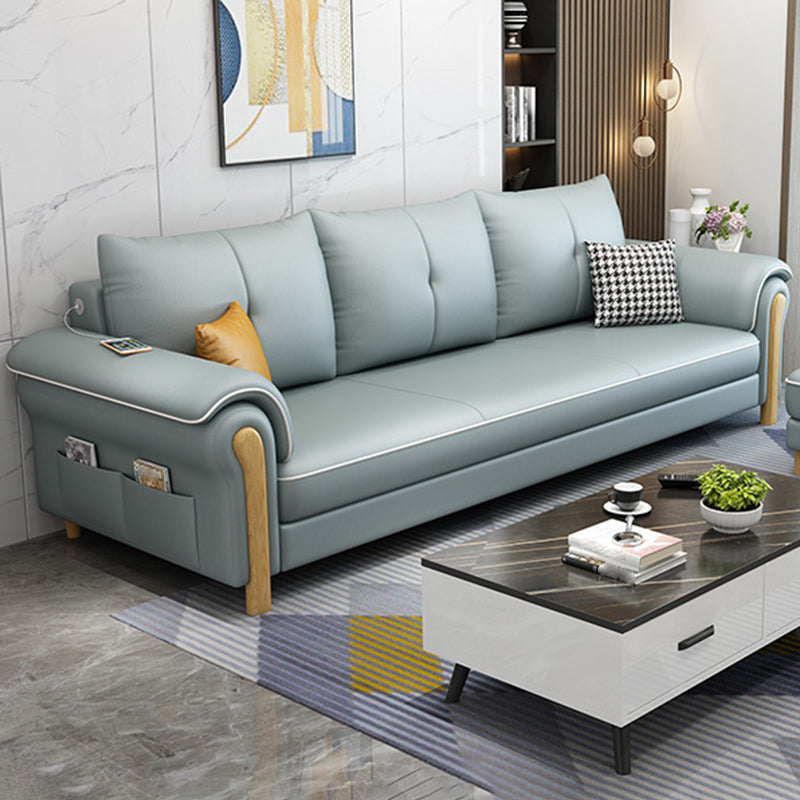 Leather Sofa with Bolster Pillows Single Cushion Seat Square Arm Sofa for Living Room Blue Clearhalo 'furn' 'furn_sofas' 'Furniture' 'furniture_sofas' 'kitchen' 'kitchen_sofas' 'Living Room Furniture' 'Sofa' 'sofas' 4608078