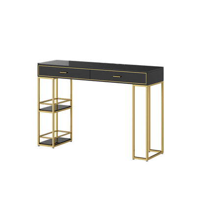 Glam Bar Table with Rectangle Top Double Pedestal Table-41.3" H Gold-Black Manufactured Wood Without Chairs Clearhalo 'Bar Furniture' 'Bar Tables' 'bar_tables' 'furn' 'furn_bar_tables' 'Furniture' 'furniture_bar_tables' 'Kitchen & Dining Furniture' 4610926