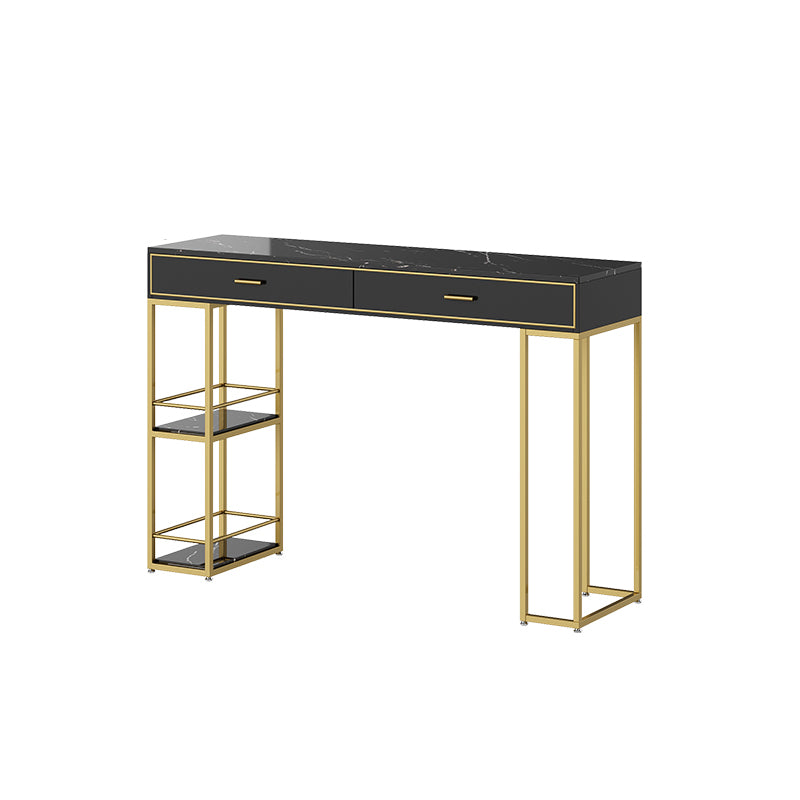 Glam Bar Table with Rectangle Top Double Pedestal Table-41.3" H Gold-Black Stone Without Chairs Clearhalo 'Bar Furniture' 'Bar Tables' 'bar_tables' 'furn' 'furn_bar_tables' 'Furniture' 'furniture_bar_tables' 'Kitchen & Dining Furniture' 4610929