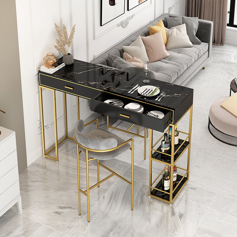 Marble Table with Rectangle Table Top Gold Double Pedestal Table- 41.3" H Clearhalo 'Bar Furniture' 'Bar Tables' 'bar_tables' 'furn' 'furn_bar_tables' 'Furniture' 'furniture_bar_tables' 'Kitchen & Dining Furniture' 4610936