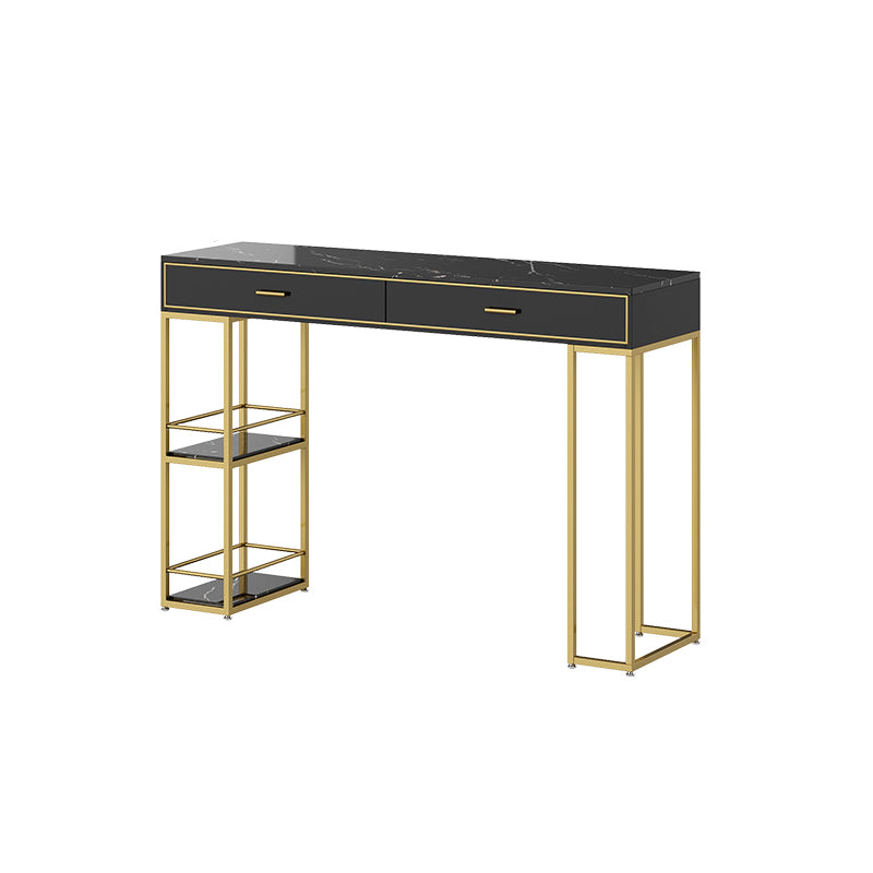 Marble Table with Rectangle Table Top Gold Double Pedestal Table- 41.3" H Gold-Black Faux Marble Clearhalo 'Bar Furniture' 'Bar Tables' 'bar_tables' 'furn' 'furn_bar_tables' 'Furniture' 'furniture_bar_tables' 'Kitchen & Dining Furniture' 4610937