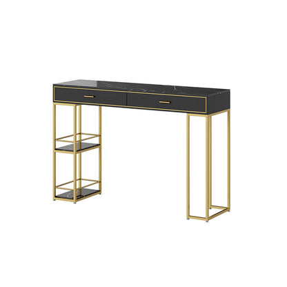 Marble Table with Rectangle Table Top Gold Double Pedestal Table- 41.3" H Gold-Black Faux Marble Clearhalo 'Bar Furniture' 'Bar Tables' 'bar_tables' 'furn' 'furn_bar_tables' 'Furniture' 'furniture_bar_tables' 'Kitchen & Dining Furniture' 4610937