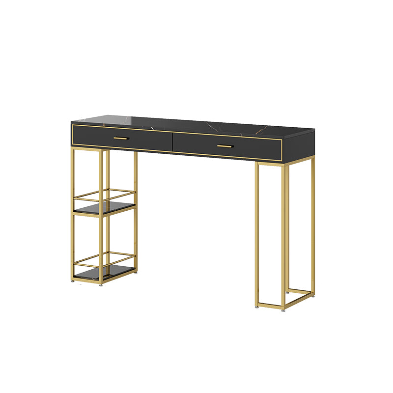 Marble Table with Rectangle Table Top Gold Double Pedestal Table- 41.3" H Gold-Black Stone Clearhalo 'Bar Furniture' 'Bar Tables' 'bar_tables' 'furn' 'furn_bar_tables' 'Furniture' 'furniture_bar_tables' 'Kitchen & Dining Furniture' 4610938