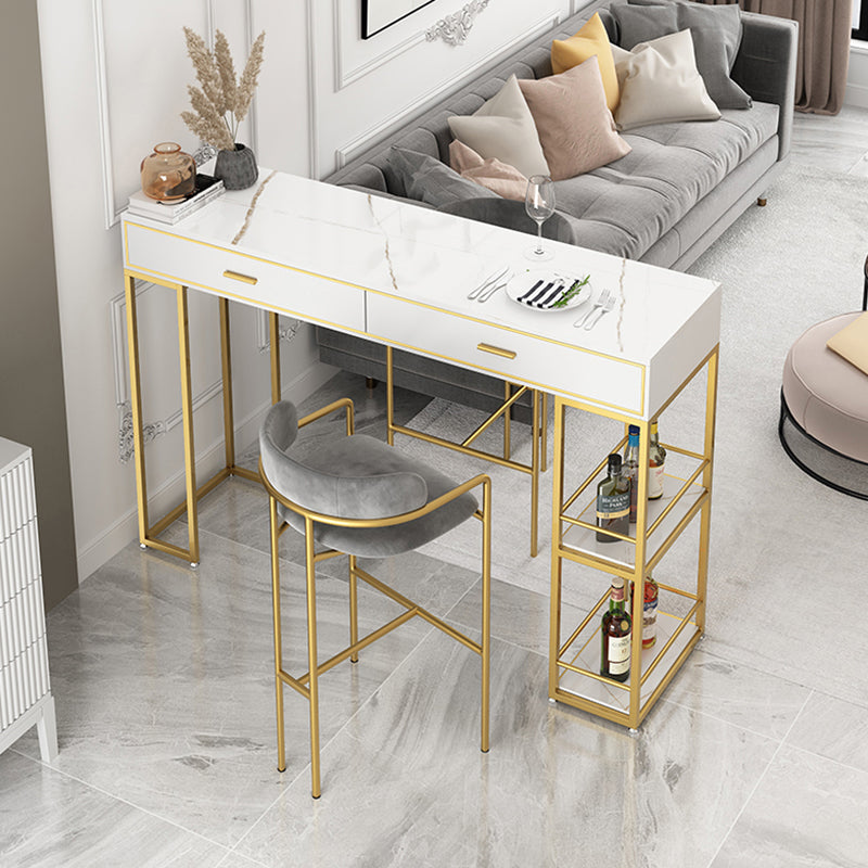 Marble Table with Rectangle Table Top Gold Double Pedestal Table- 41.3" H White-Gold Stone Clearhalo 'Bar Furniture' 'Bar Tables' 'bar_tables' 'furn' 'furn_bar_tables' 'Furniture' 'furniture_bar_tables' 'Kitchen & Dining Furniture' 4610939