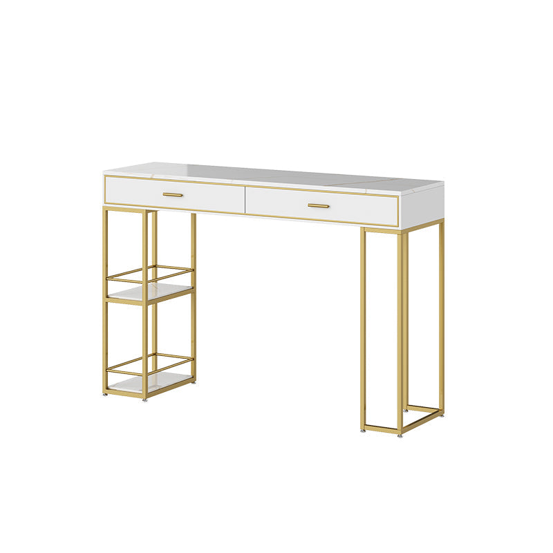 Marble Table with Rectangle Table Top Gold Double Pedestal Table- 41.3" H Clearhalo 'Bar Furniture' 'Bar Tables' 'bar_tables' 'furn' 'furn_bar_tables' 'Furniture' 'furniture_bar_tables' 'Kitchen & Dining Furniture' 4610942