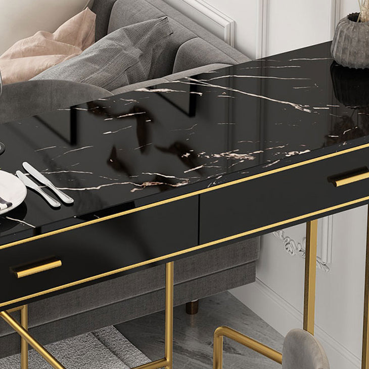 Marble Table with Rectangle Table Top Gold Double Pedestal Table- 41.3" H Clearhalo 'Bar Furniture' 'Bar Tables' 'bar_tables' 'furn' 'furn_bar_tables' 'Furniture' 'furniture_bar_tables' 'Kitchen & Dining Furniture' 4610943