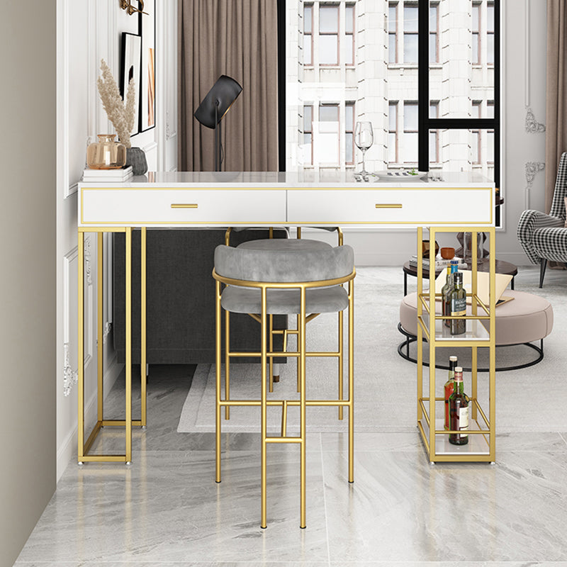 Marble Table with Rectangle Table Top Gold Double Pedestal Table- 41.3" H Clearhalo 'Bar Furniture' 'Bar Tables' 'bar_tables' 'furn' 'furn_bar_tables' 'Furniture' 'furniture_bar_tables' 'Kitchen & Dining Furniture' 4610946