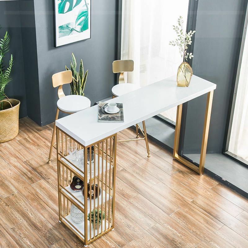 Glam Marble Table with Rectangle Table Top Gold Double Pedestal Table - 41.3" H 63"L x 15.7"W x 41.3"H Without Chairs Clearhalo 'Bar Furniture' 'Bar Tables' 'bar_tables' 'furn' 'furn_bar_tables' 'Furniture' 'furniture_bar_tables' 'Kitchen & Dining Furniture' 4611088