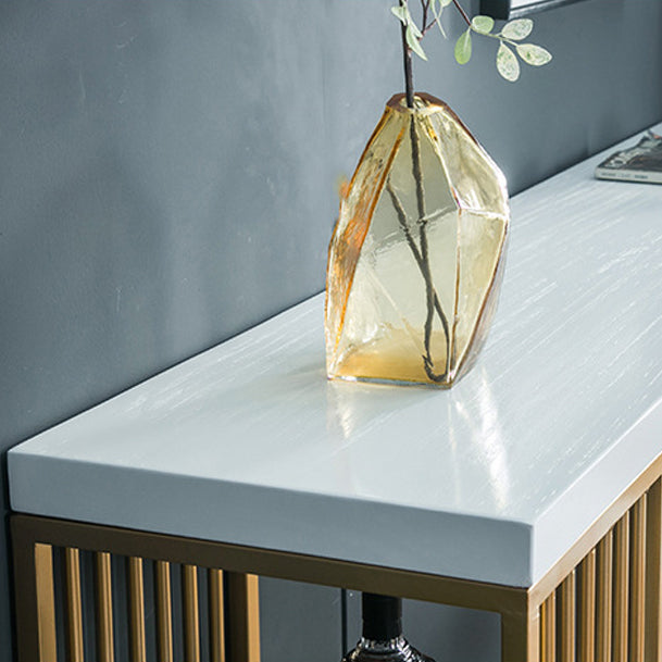 Glam Marble Table with Rectangle Table Top Gold Double Pedestal Table - 41.3" H Clearhalo 'Bar Furniture' 'Bar Tables' 'bar_tables' 'furn' 'furn_bar_tables' 'Furniture' 'furniture_bar_tables' 'Kitchen & Dining Furniture' 4611092