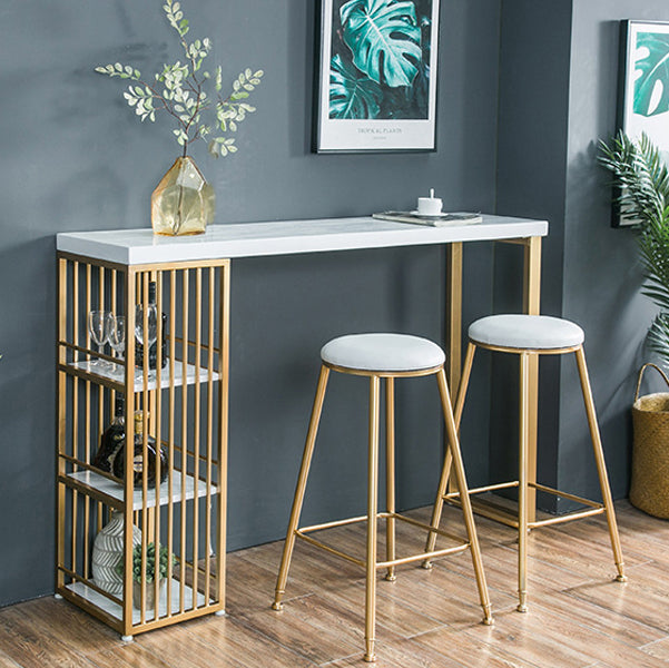 Glam Marble Table with Rectangle Table Top Gold Double Pedestal Table - 41.3" H Clearhalo 'Bar Furniture' 'Bar Tables' 'bar_tables' 'furn' 'furn_bar_tables' 'Furniture' 'furniture_bar_tables' 'Kitchen & Dining Furniture' 4611094