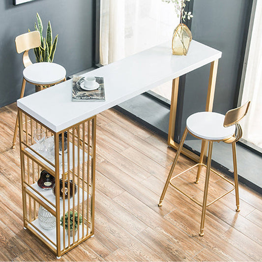 Glam Marble Table with Rectangle Table Top Gold Double Pedestal Table - 41.3" H Clearhalo 'Bar Furniture' 'Bar Tables' 'bar_tables' 'furn' 'furn_bar_tables' 'Furniture' 'furniture_bar_tables' 'Kitchen & Dining Furniture' 4611095