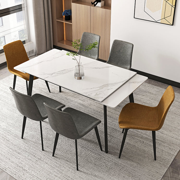 Modern 1/4/5/7 Pieces Rectangle Dining Table Set with Stone Top White Scalable Dinette Set 7 Pieces: Table, 4 Grey+2 Orange Chairs Clearhalo 'Dining Room Sets' 'Dining Tables & Seating' 'dining_room_set' 'furn' 'furn_dining_room_set' 'Furniture' 'furniture_dining_room_set' 'Kitchen & Dining Furniture' 'kitchen&dining_furn' 'kitchen' 4612110