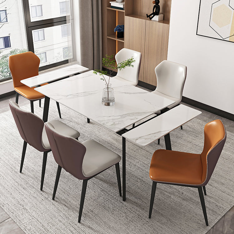 Modern 1/4/5/7 Pieces Rectangle Dining Table Set with Stone Top White Scalable Dinette Set 7 Pieces: Table, 4 White+2 Orange-Grey Chairs Clearhalo 'Dining Room Sets' 'Dining Tables & Seating' 'dining_room_set' 'furn' 'furn_dining_room_set' 'Furniture' 'furniture_dining_room_set' 'Kitchen & Dining Furniture' 'kitchen&dining_furn' 'kitchen' 4612111