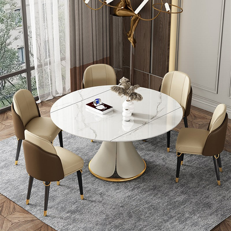 Glam 1/4/5/6/7/9 Pieces White Dining Table Set with Stone Top Round Scalable Dinette Set 6 Pieces: Table, 5 Chairs Clearhalo 'Dining Room Sets' 'Dining Tables & Seating' 'dining_room_set' 'furn' 'furn_dining_room_set' 'Furniture' 'furniture_dining_room_set' 'Kitchen & Dining Furniture' 'kitchen&dining_furn' 'kitchen' 4612130