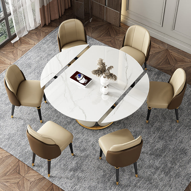 Glam 1/4/5/6/7/9 Pieces White Dining Table Set with Stone Top Round Scalable Dinette Set 7 Pieces: Table, 6 Chairs Clearhalo 'Dining Room Sets' 'Dining Tables & Seating' 'dining_room_set' 'furn' 'furn_dining_room_set' 'Furniture' 'furniture_dining_room_set' 'Kitchen & Dining Furniture' 'kitchen&dining_furn' 'kitchen' 4612132