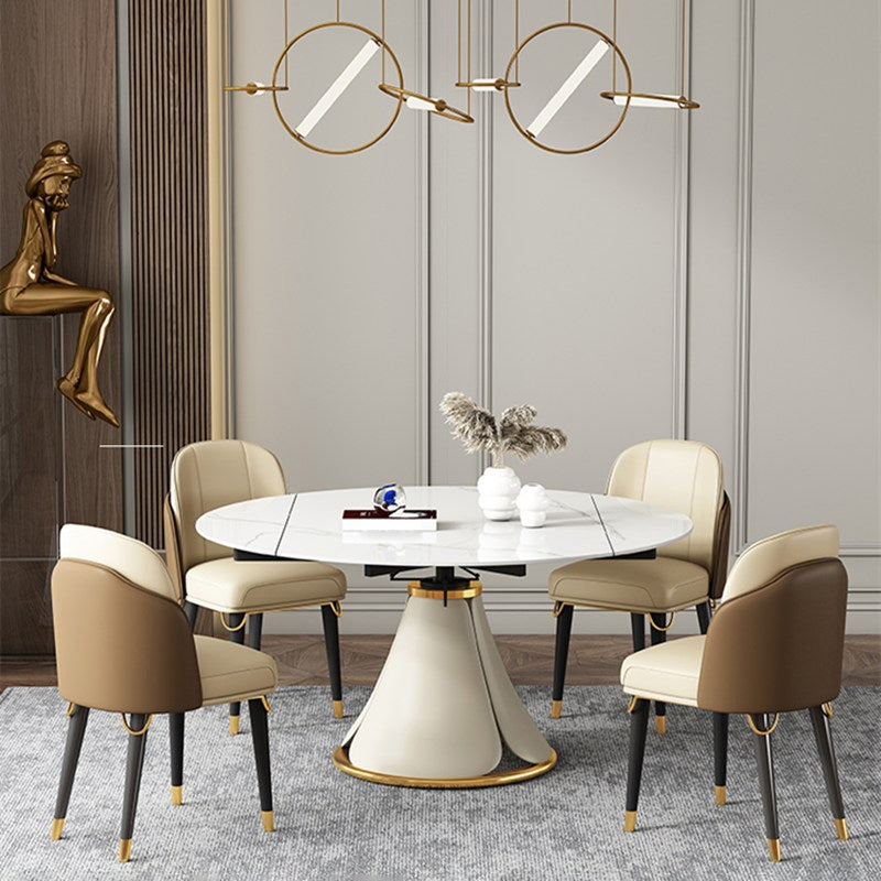 Glam 1/4/5/6/7/9 Pieces White Dining Table Set with Stone Top Round Scalable Dinette Set 5 Pieces: Table, 4 Chairs Clearhalo 'Dining Room Sets' 'Dining Tables & Seating' 'dining_room_set' 'furn' 'furn_dining_room_set' 'Furniture' 'furniture_dining_room_set' 'Kitchen & Dining Furniture' 'kitchen&dining_furn' 'kitchen' 4612133