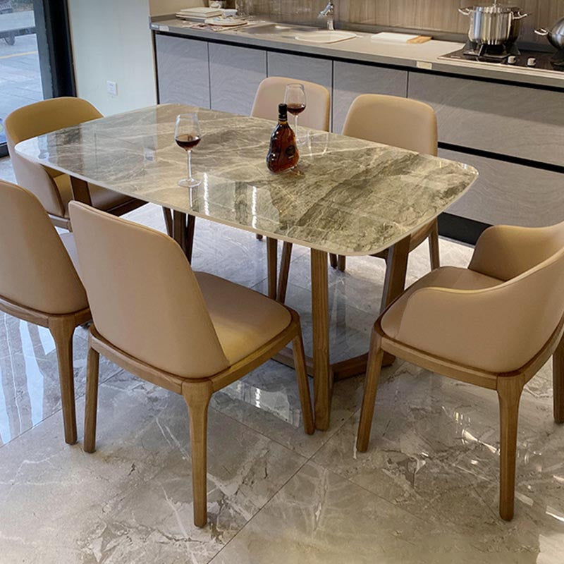 Gray Stone Top Dining Table Contemporary Dining Table with Sled Base Brown 63"L x 35.4"W x 29.5"H Without Chairs Clearhalo ' dining_table' 'Dining Tables & Seating' 'Dining Tables' 'furn' 'furn_dining_table' 'Furniture' 'furniture_dining_table' 'Kitchen & Dining Furniture' 'kitchen&dining_furn' 'kitchen' 'kitchen_dining_table' 4612617