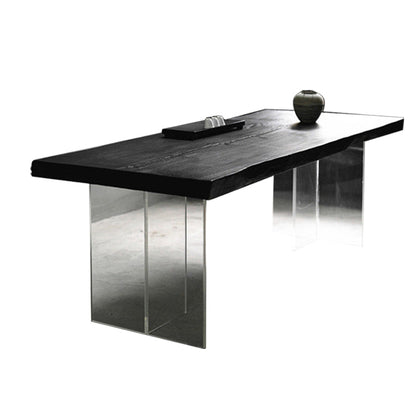 Pine Wood Top Dining Table Contemporary Rectangle Dining Table with Double Pedestal Base Black Without Chairs Clearhalo ' dining_table' 'Dining Tables & Seating' 'Dining Tables' 'furn' 'furn_dining_table' 'Furniture' 'furniture_dining_table' 'Kitchen & Dining Furniture' 'kitchen&dining_furn' 'kitchen' 'kitchen_dining_table' 4612728