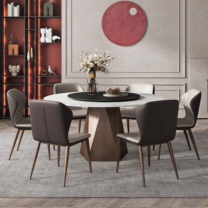 Stone Top Dining Table Contemporary Dining Table with Brown Pedestal Base White-Black 51.2"L x 51.2"W x 29.5"H Without Chairs Clearhalo ' dining_table' 'Dining Tables & Seating' 'Dining Tables' 'furn' 'furn_dining_table' 'Furniture' 'furniture_dining_table' 'Kitchen & Dining Furniture' 'kitchen&dining_furn' 'kitchen' 'kitchen_dining_table' 4612744
