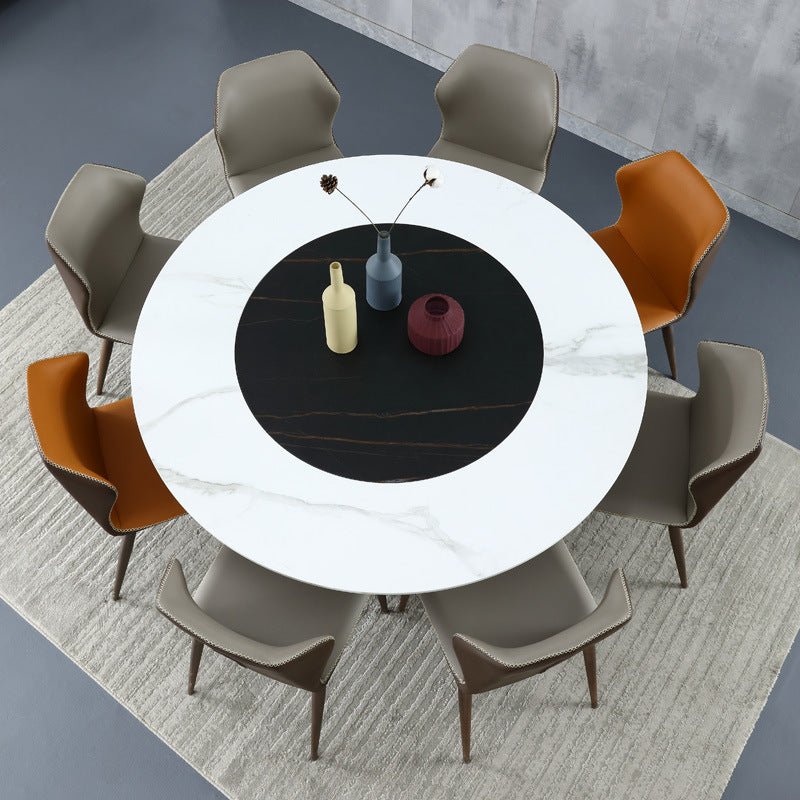 Stone Top Dining Table Contemporary Dining Table with Brown Pedestal Base White-Black 59.1"L x 59.1"W x 29.5"H Without Chairs Clearhalo ' dining_table' 'Dining Tables & Seating' 'Dining Tables' 'furn' 'furn_dining_table' 'Furniture' 'furniture_dining_table' 'Kitchen & Dining Furniture' 'kitchen&dining_furn' 'kitchen' 'kitchen_dining_table' 4612745