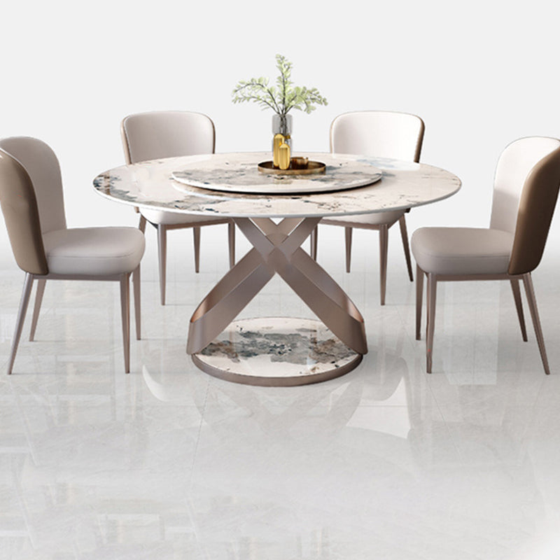 Stone Top Dining Table Round Contemporary Table with Pedestal Base without Turntable White-Gold 59.1"L x 59.1"W x 29.5"H Without Chairs Clearhalo ' dining_table' 'Dining Tables & Seating' 'Dining Tables' 'furn' 'furn_dining_table' 'Furniture' 'furniture_dining_table' 'Kitchen & Dining Furniture' 'kitchen&dining_furn' 'kitchen' 'kitchen_dining_table' 4612763