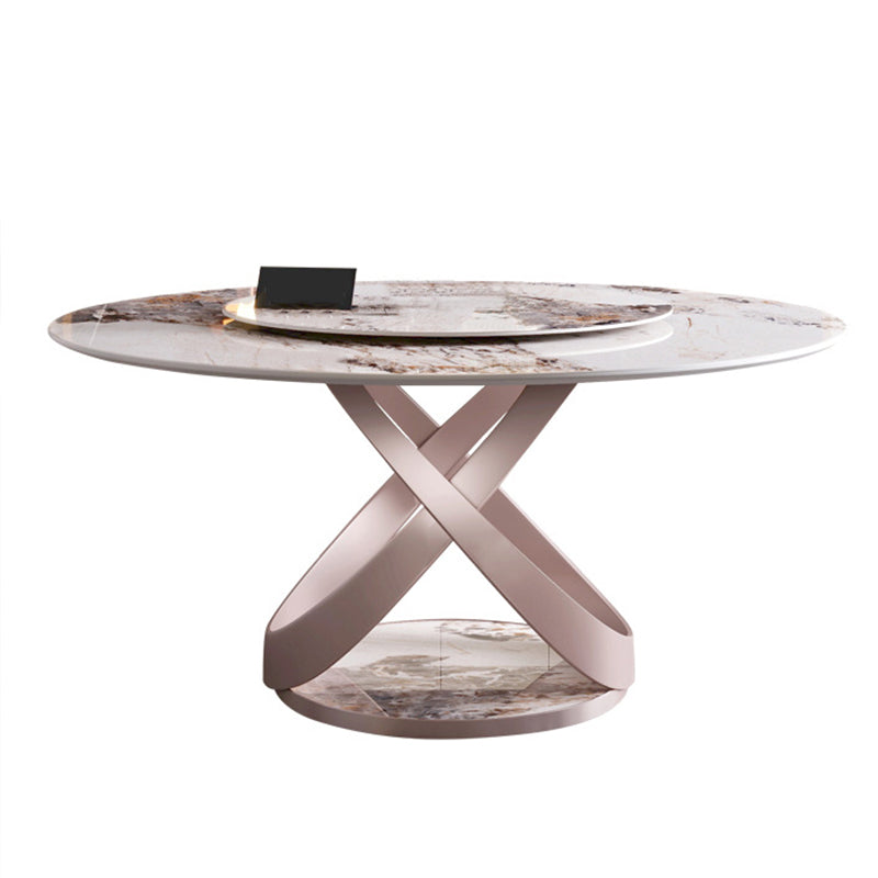 Stone Top Dining Table Round Contemporary Table with Pedestal Base without Turntable White-Gold 53.1"L x 53.1"W x 29.5"H Without Chairs Clearhalo ' dining_table' 'Dining Tables & Seating' 'Dining Tables' 'furn' 'furn_dining_table' 'Furniture' 'furniture_dining_table' 'Kitchen & Dining Furniture' 'kitchen&dining_furn' 'kitchen' 'kitchen_dining_table' 4612766