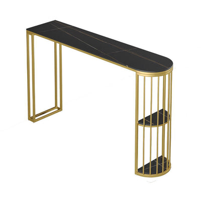 Marble Patio Bar Table with Specialty Table Top Double Pedestal Table - 41.3" H Gold-Black Without Chairs Clearhalo 'Bar Furniture' 'Bar Tables' 'bar_tables' 'furn' 'furn_bar_tables' 'Furniture' 'furniture_bar_tables' 'Kitchen & Dining Furniture' 4619982