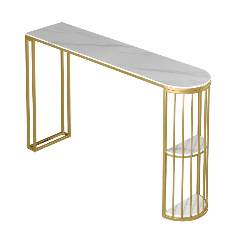 Marble Patio Bar Table with Specialty Table Top Double Pedestal Table - 41.3" H White-Gold Without Chairs Clearhalo 'Bar Furniture' 'Bar Tables' 'bar_tables' 'furn' 'furn_bar_tables' 'Furniture' 'furniture_bar_tables' 'Kitchen & Dining Furniture' 4619985