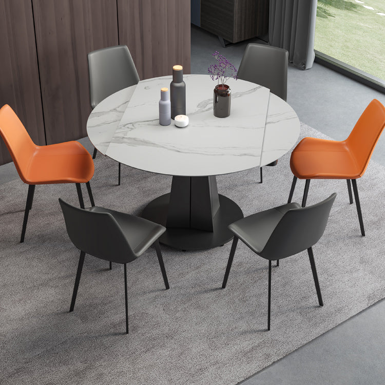 Modern Style 1/4/5/7 Pieces Dining Set Sintered Stone Dining Table Set with Metal Legs 7 Pieces: Table, 2 Orange+4 Grey Chairs Clearhalo 'Dining Room Sets' 'Dining Tables & Seating' 'dining_room_set' 'furn' 'furn_dining_room_set' 'Furniture' 'furniture_dining_room_set' 'Kitchen & Dining Furniture' 'kitchen&dining_furn' 'kitchen' 4621289