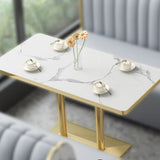 Industrial White Table for Restaurant Dining Table with Metal Base in Gold Clearhalo ' dining_table' 'Dining Tables & Seating' 'Dining Tables' 'furn' 'furn_dining_table' 'Furniture' 'furniture_dining_table' 'Kitchen & Dining Furniture' 'kitchen&dining_furn' 'kitchen' 'kitchen_dining_table' 4621440