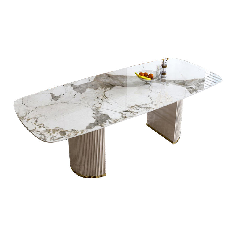Luxury White Tone Dining Table Sintered Stone Table with Double Pedestal Rectangle Brown 55.1"L x 31.5"W x 29.5"H Clearhalo ' dining_table' 'Dining Tables & Seating' 'Dining Tables' 'furn' 'furn_dining_table' 'Furniture' 'furniture_dining_table' 'Kitchen & Dining Furniture' 'kitchen&dining_furn' 'kitchen' 'kitchen_dining_table' 4621554