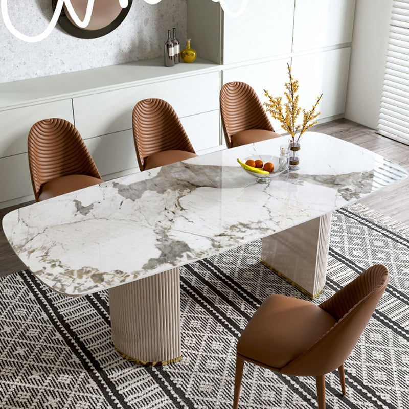 Luxury White Tone Dining Table Sintered Stone Table with Double Pedestal Rectangle Brown 63"L x 31.5"W x 29.5"H Clearhalo ' dining_table' 'Dining Tables & Seating' 'Dining Tables' 'furn' 'furn_dining_table' 'Furniture' 'furniture_dining_table' 'Kitchen & Dining Furniture' 'kitchen&dining_furn' 'kitchen' 'kitchen_dining_table' 4621556