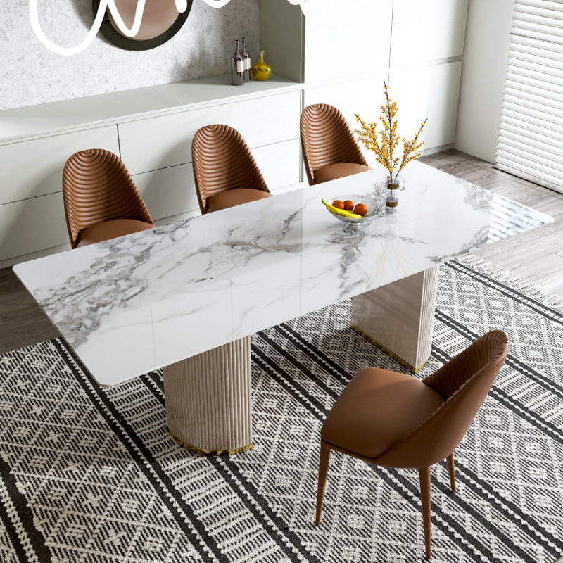 Luxury White Tone Dining Table Sintered Stone Table with Double Pedestal Rectangle Gray 63"L x 31.5"W x 29.5"H Clearhalo ' dining_table' 'Dining Tables & Seating' 'Dining Tables' 'furn' 'furn_dining_table' 'Furniture' 'furniture_dining_table' 'Kitchen & Dining Furniture' 'kitchen&dining_furn' 'kitchen' 'kitchen_dining_table' 4621557