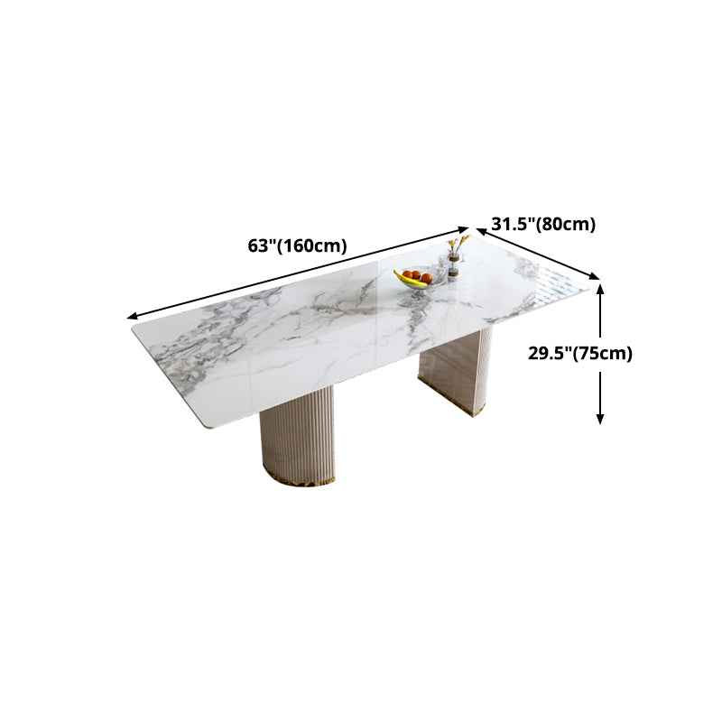Luxury White Tone Dining Table Sintered Stone Table with Double Pedestal Clearhalo ' dining_table' 'Dining Tables & Seating' 'Dining Tables' 'furn' 'furn_dining_table' 'Furniture' 'furniture_dining_table' 'Kitchen & Dining Furniture' 'kitchen&dining_furn' 'kitchen' 'kitchen_dining_table' 4621571
