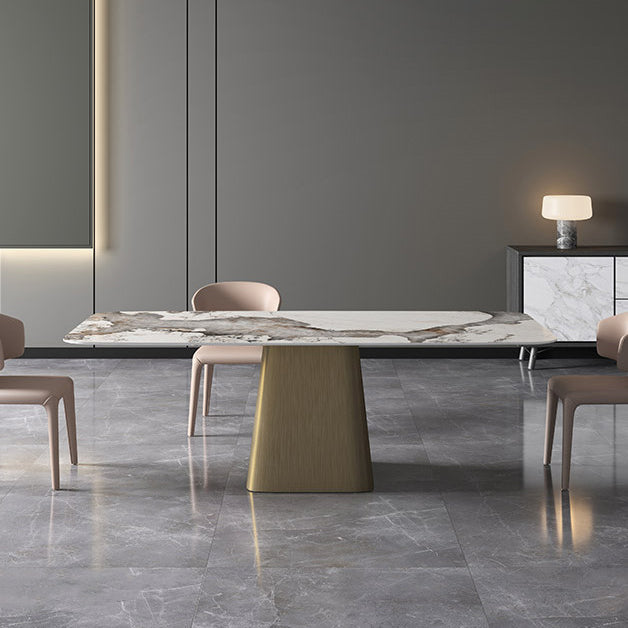 Luxury Sintered Stone Top Dining Table Rectangle White Table with Pedestal Gold Without Chairs Clearhalo ' dining_table' 'Dining Tables & Seating' 'Dining Tables' 'furn' 'furn_dining_table' 'Furniture' 'furniture_dining_table' 'Kitchen & Dining Furniture' 'kitchen&dining_furn' 'kitchen' 'kitchen_dining_table' 4621587