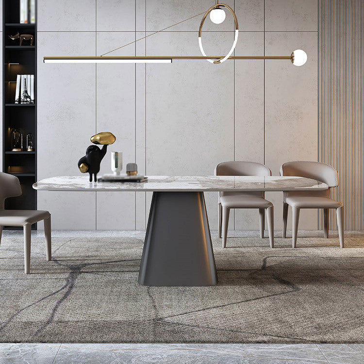 Luxury Sintered Stone Top Dining Table Rectangle White Table with Pedestal Gray 63"L x 31.5"W x 29.5"H Without Chairs Clearhalo ' dining_table' 'Dining Tables & Seating' 'Dining Tables' 'furn' 'furn_dining_table' 'Furniture' 'furniture_dining_table' 'Kitchen & Dining Furniture' 'kitchen&dining_furn' 'kitchen' 'kitchen_dining_table' 4621588