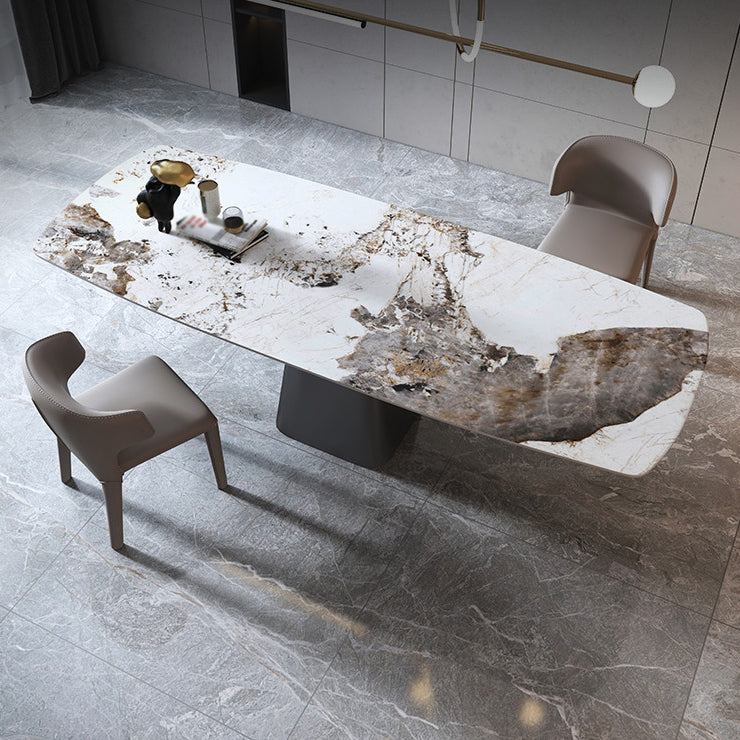 Luxury Sintered Stone Top Dining Table Rectangle White Table with Pedestal Gray 66.9"L x 31.5"W x 29.5"H Without Chairs Clearhalo ' dining_table' 'Dining Tables & Seating' 'Dining Tables' 'furn' 'furn_dining_table' 'Furniture' 'furniture_dining_table' 'Kitchen & Dining Furniture' 'kitchen&dining_furn' 'kitchen' 'kitchen_dining_table' 4621589