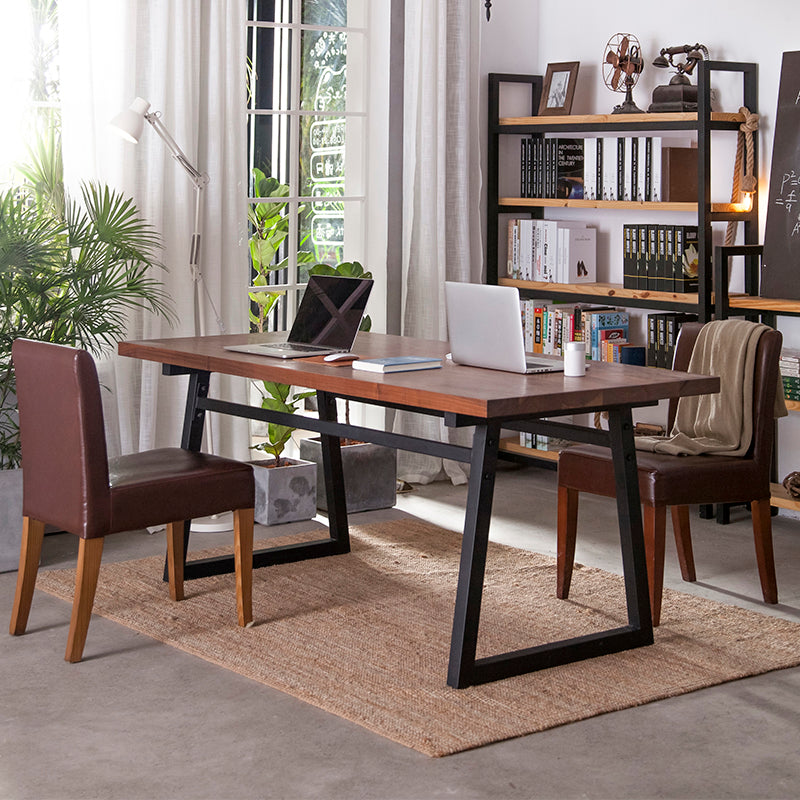 Industrial Pine Wood Table for Restaurant Rectangle Table with Metal Double Pedestal Brown 55.1"L x 25.6"W x 29.5"H Without Chairs Clearhalo ' dining_table' 'Dining Tables & Seating' 'Dining Tables' 'furn' 'furn_dining_table' 'Furniture' 'furniture_dining_table' 'Kitchen & Dining Furniture' 'kitchen&dining_furn' 'kitchen' 'kitchen_dining_table' 4621652